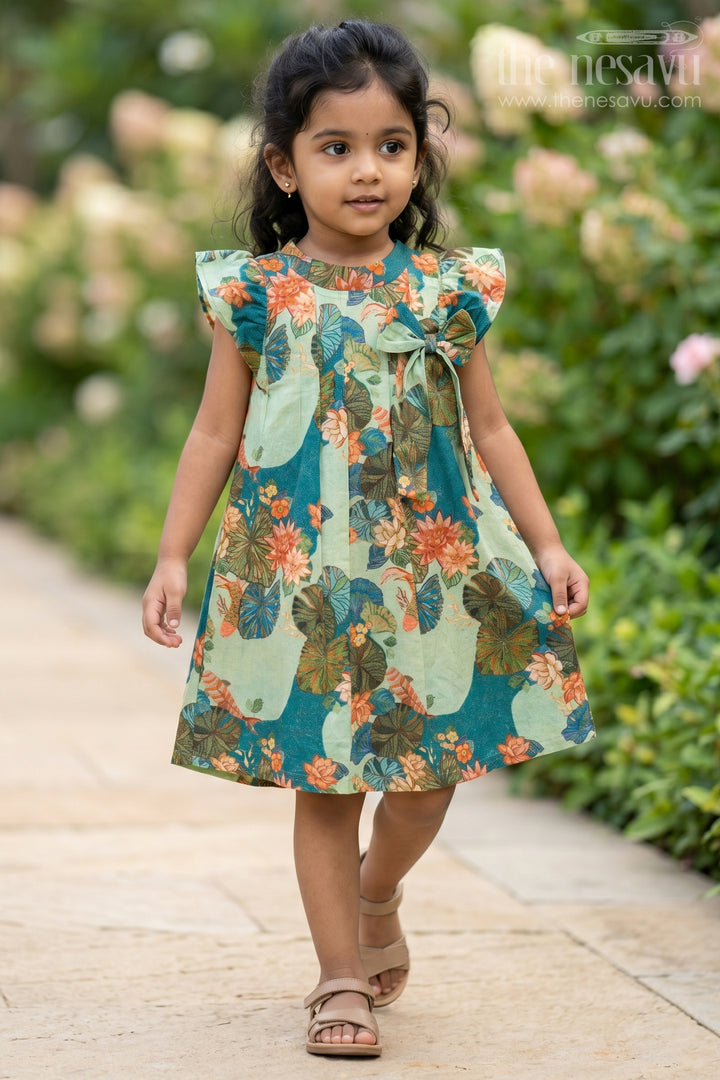 Girls Green Viscose Silk Frock with Vibrant Floral Print Perfect for Party Dress Design for Toddlers and Kids