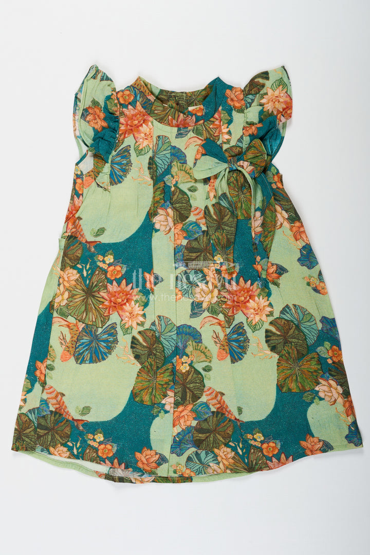 Girls Green Viscose Silk Frock with Vibrant Floral Print Perfect for Party Dress Design for Toddlers and Kids