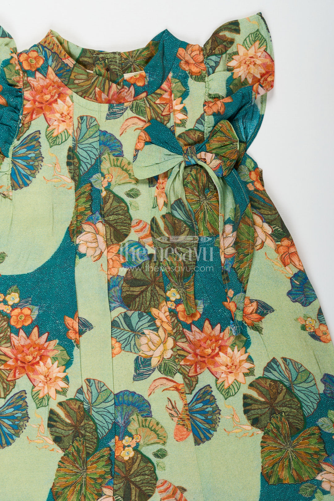 Girls Green Viscose Silk Frock with Vibrant Floral Print Perfect for Party Dress Design for Toddlers and Kids