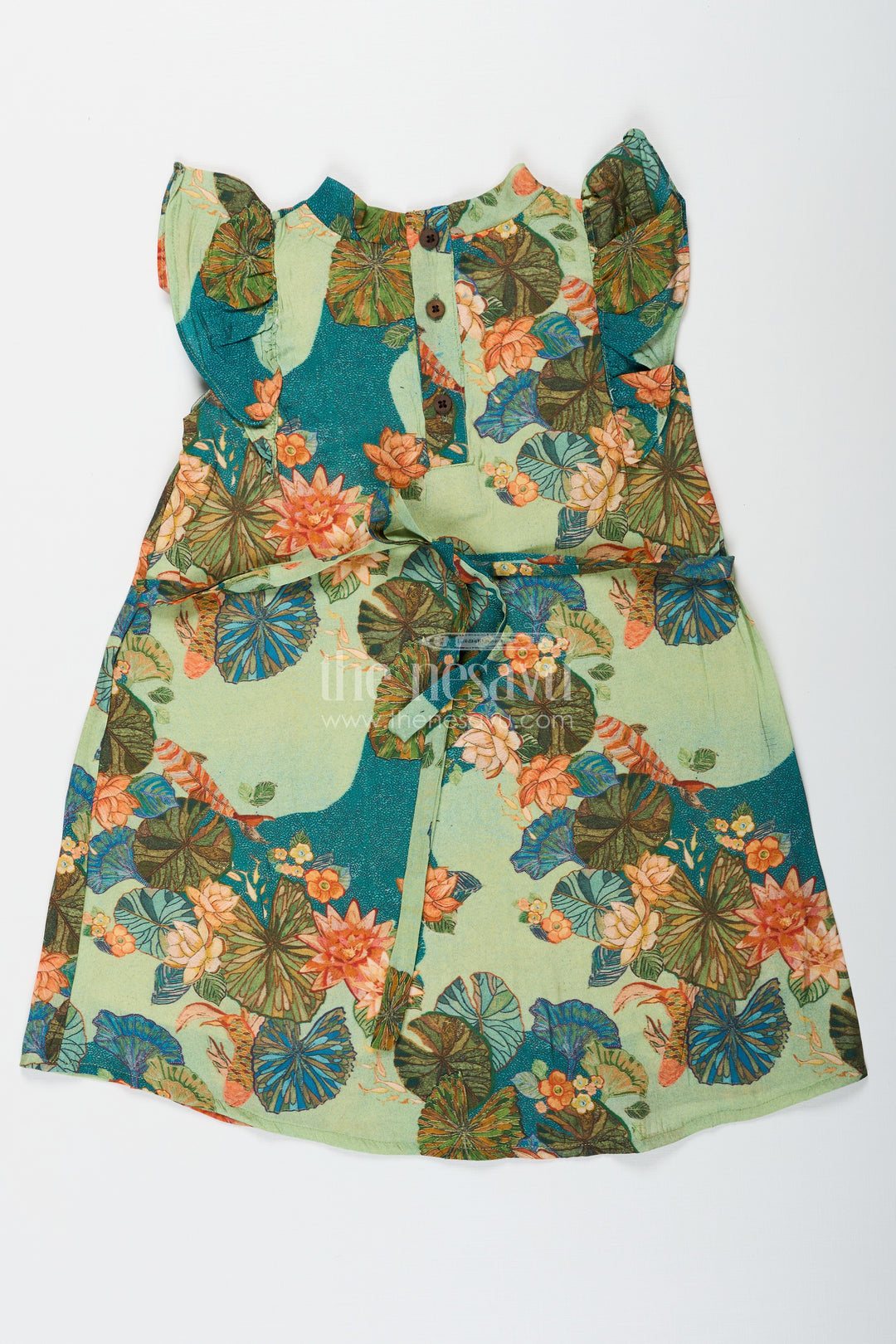 Girls Green Viscose Silk Frock with Vibrant Floral Print Perfect for Party Dress Design for Toddlers and Kids