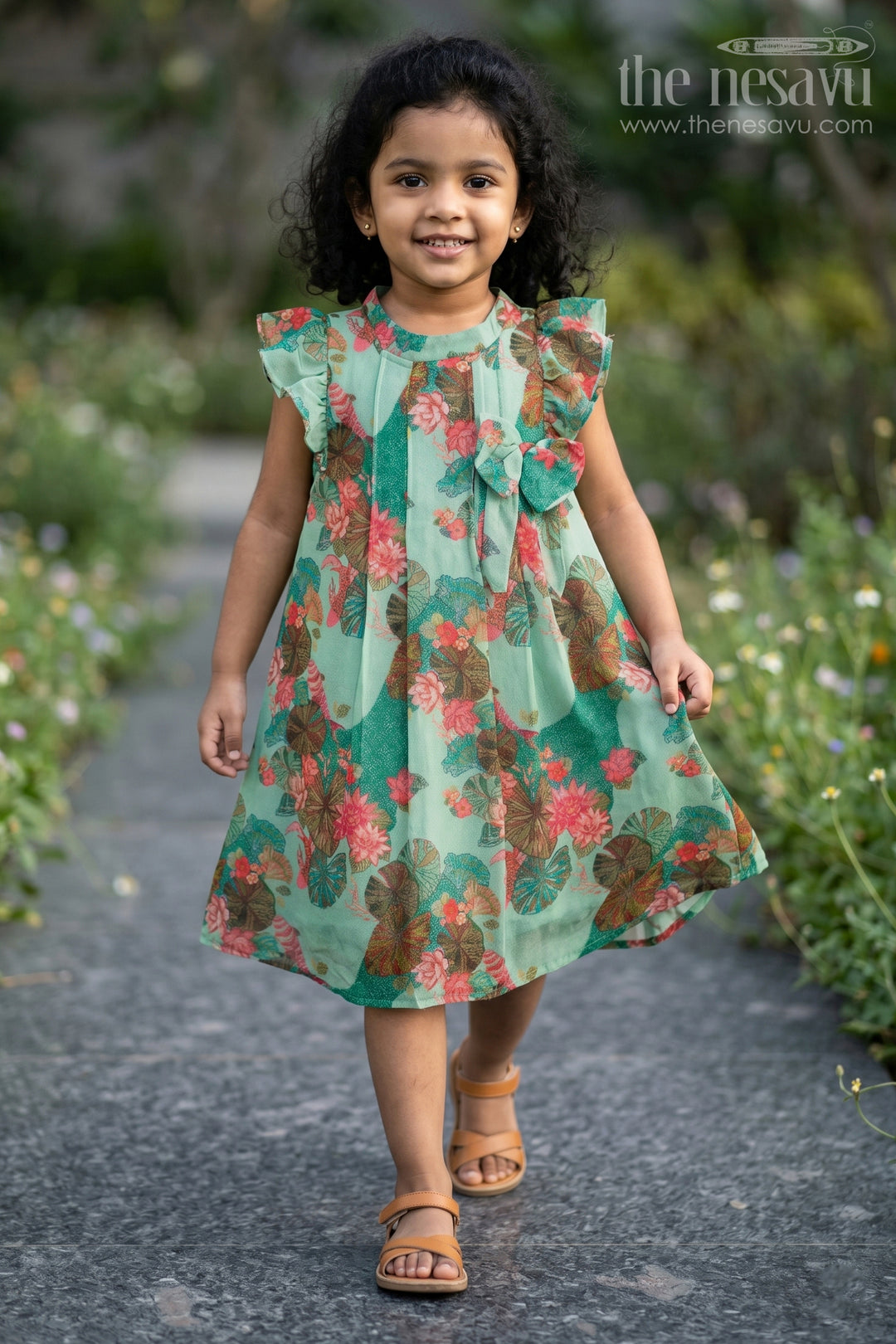 Girls Blue Viscose Silk Frock with Lush Floral Prints Ideal for Traditional Wear for Kids