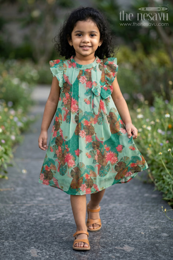Girls Blue Viscose Silk Frock with Lush Floral Prints Ideal for Traditional Wear for Kids