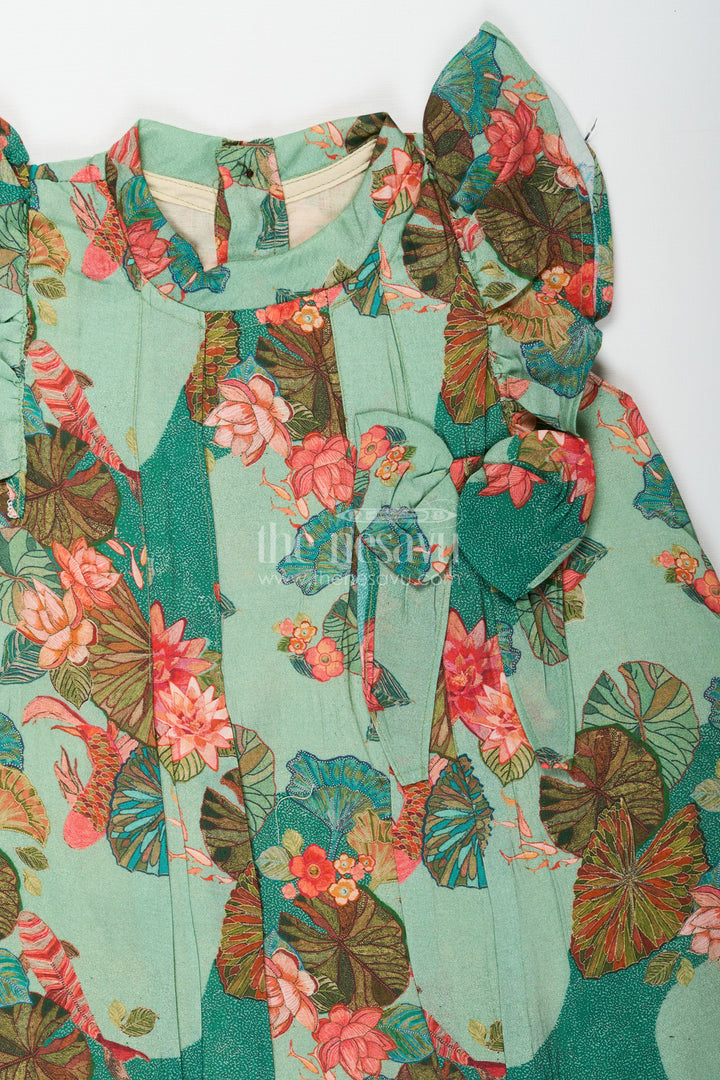 Girls Blue Viscose Silk Frock with Lush Floral Prints Ideal for Traditional Wear for Kids
