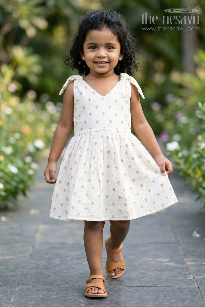 Girls Cream Muslin Cotton Frock with Allover Floral Print Perfect for Summer Collection for Toddlers and Kids