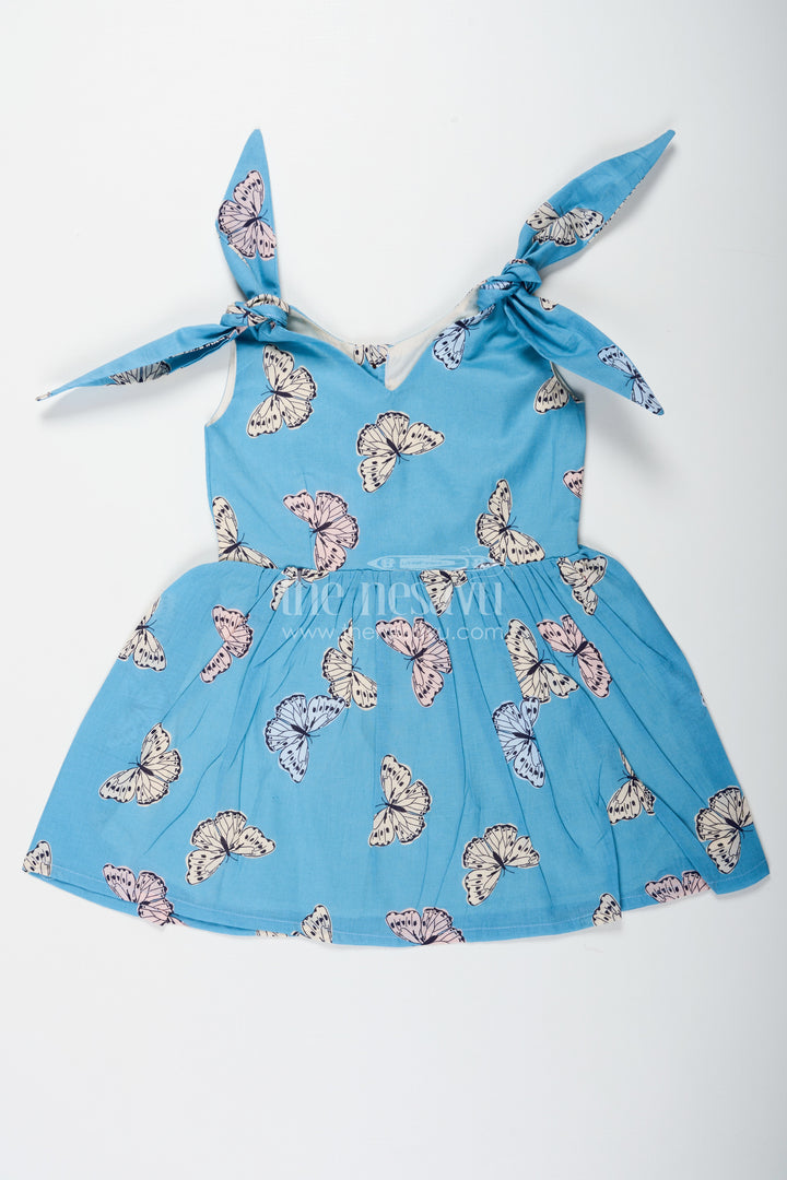 Girls Blue Cotton Frock with Butterfly Digital Print Ideal for Indian Wear Collection for Toddlers and Kids