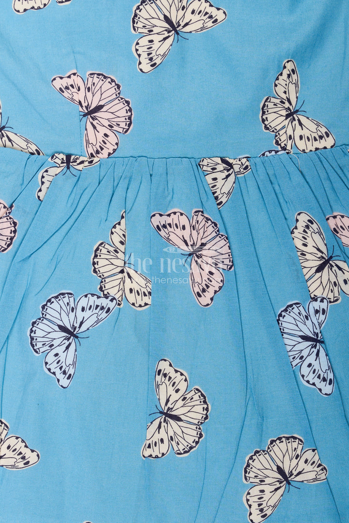Girls Blue Cotton Frock with Butterfly Digital Print Ideal for Indian Wear Collection for Toddlers and Kids