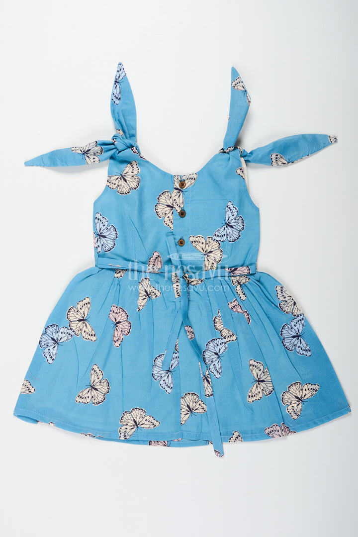 Girls Blue Cotton Frock with Butterfly Digital Print Ideal for Indian Wear Collection for Toddlers and Kids