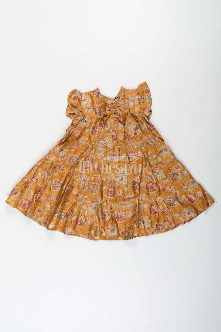 Yellow Frock for Baby Girls in Modal Silk with Digital Floral Print and Ruffled Sleeves