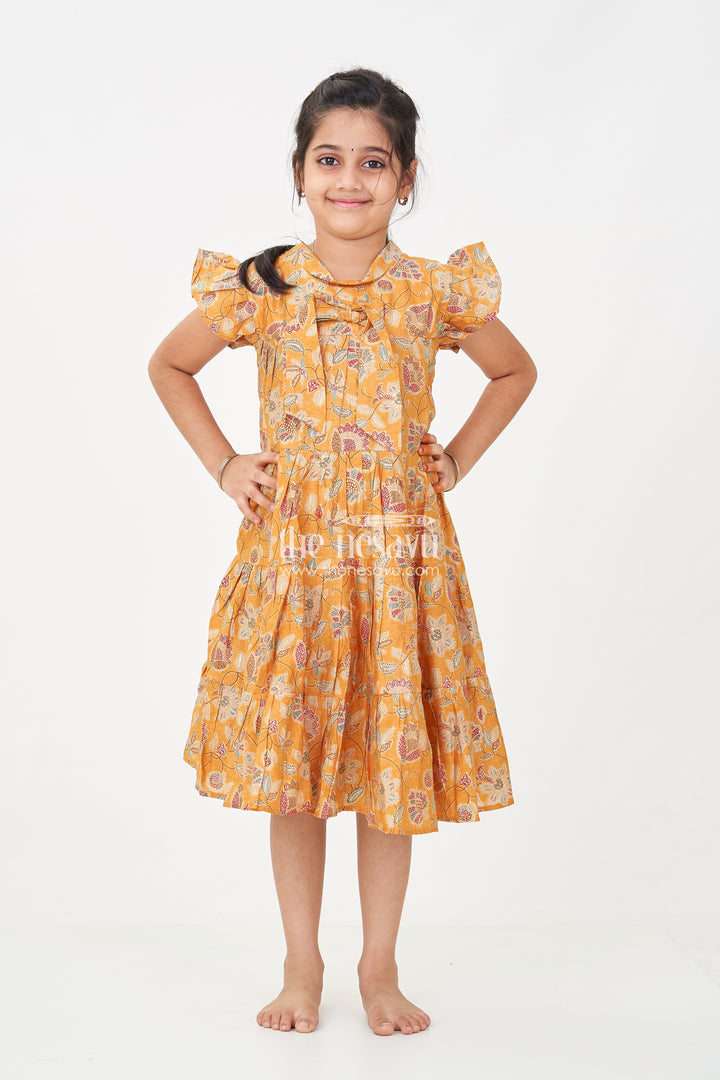Yellow Frock for Baby Girls in Modal Silk with Digital Floral Print and Ruffled Sleeves