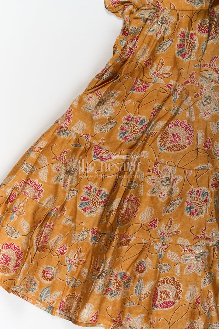 Yellow Frock for Baby Girls in Modal Silk with Digital Floral Print and Ruffled Sleeves