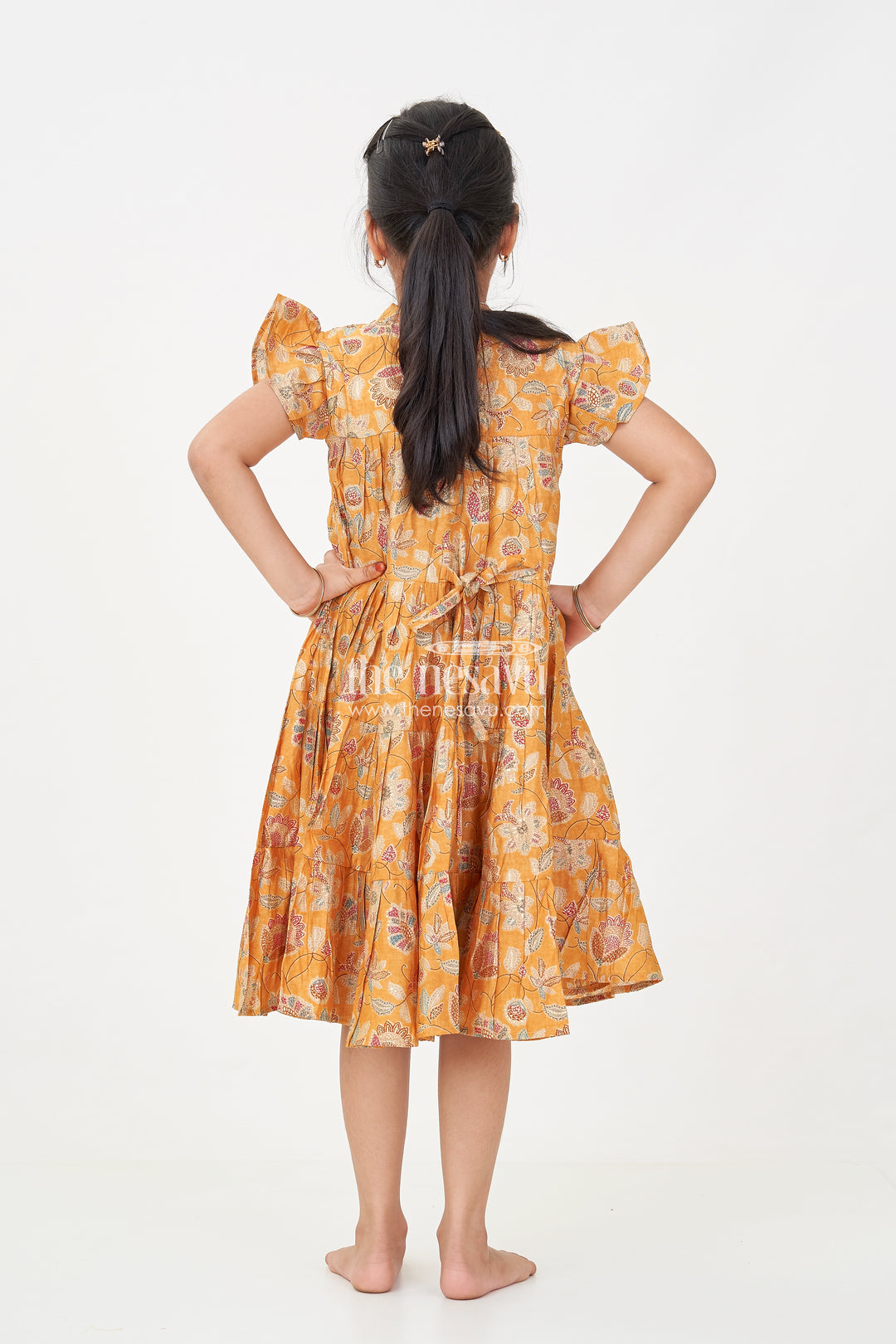 Yellow Frock for Baby Girls in Modal Silk with Digital Floral Print and Ruffled Sleeves