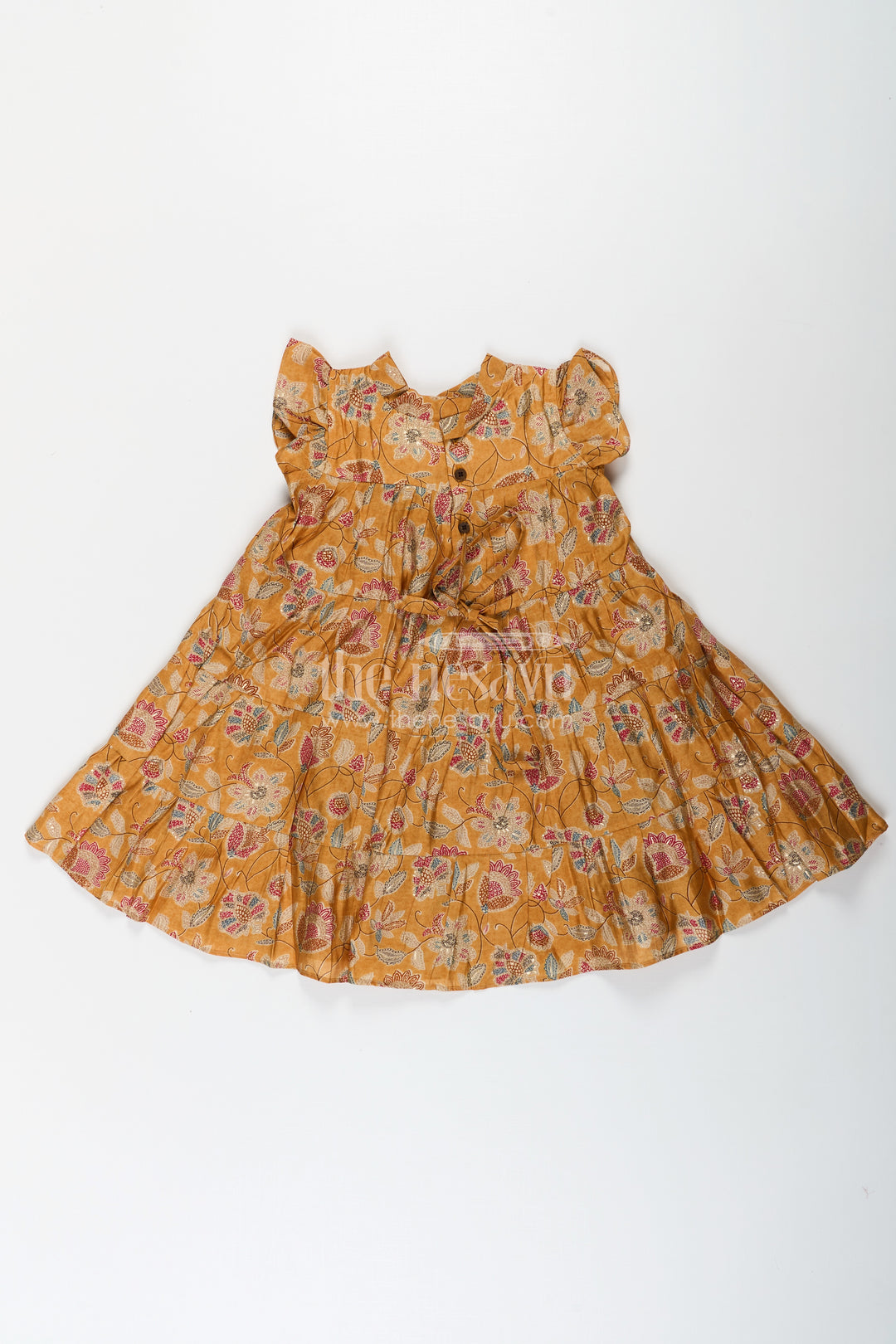 Yellow Frock for Baby Girls in Modal Silk with Digital Floral Print and Ruffled Sleeves