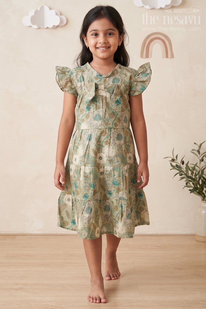Flora Frock Dress in Modal Silk Modal Silk with Green Botanical Digital Print and Layered Ruffle Hem