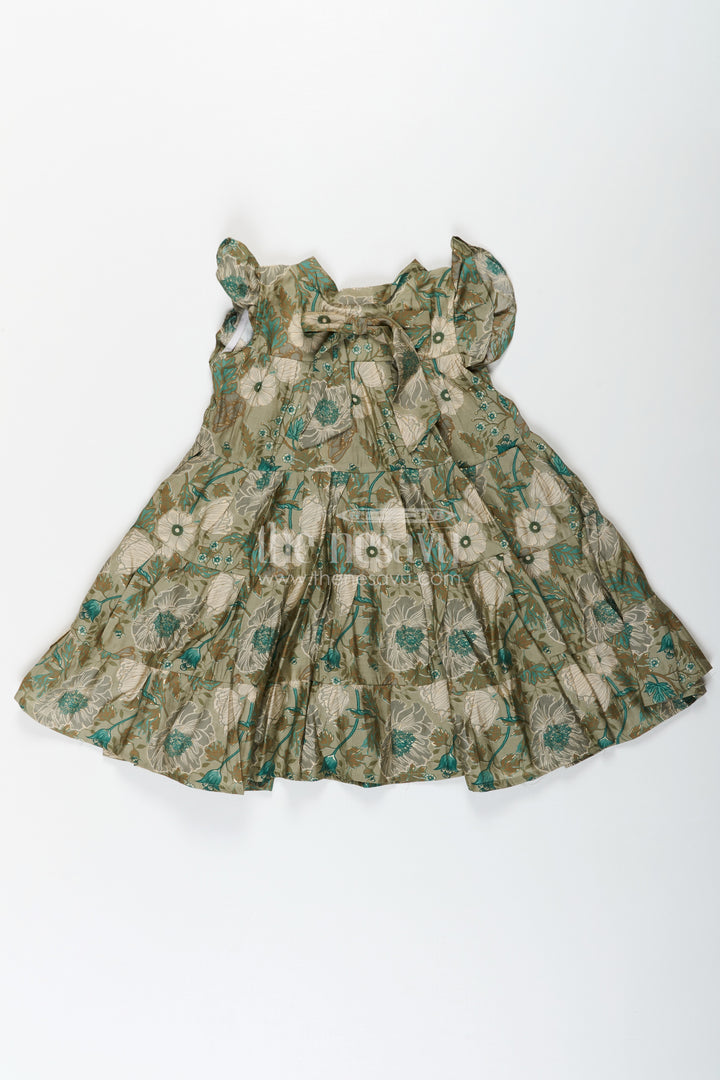 Flora Frock Dress in Modal Silk Modal Silk with Green Botanical Digital Print and Layered Ruffle Hem