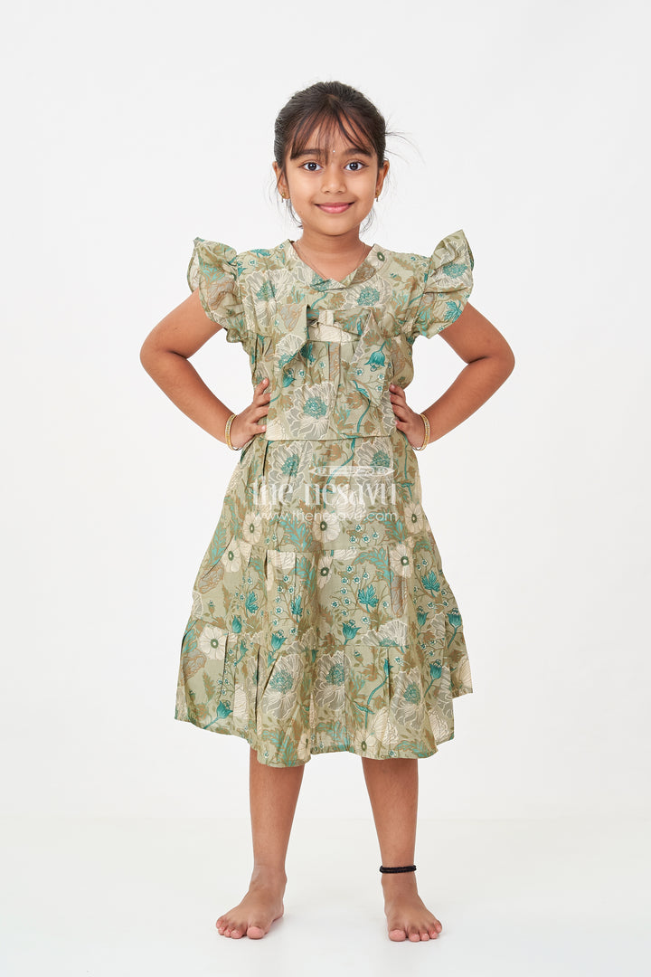 Flora Frock Dress in Modal Silk Modal Silk with Green Botanical Digital Print and Layered Ruffle Hem
