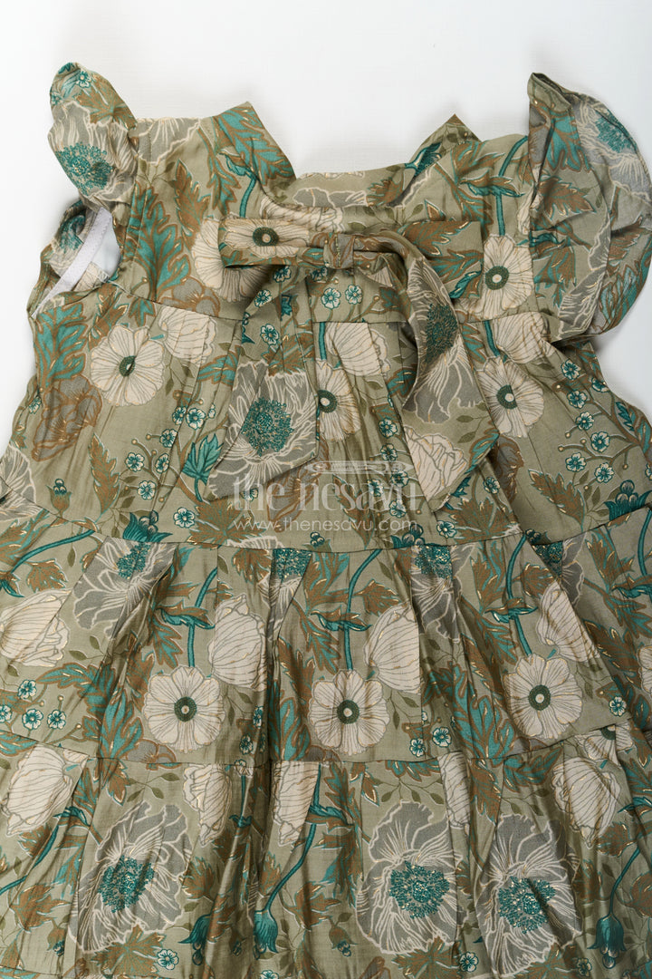 Flora Frock Dress in Modal Silk Modal Silk with Green Botanical Digital Print and Layered Ruffle Hem