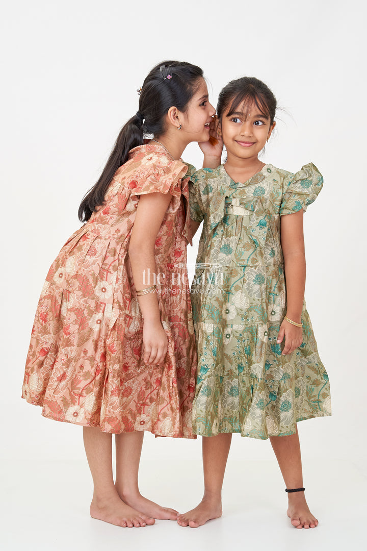 Flora Frock Dress in Modal Silk Modal Silk with Green Botanical Digital Print and Layered Ruffle Hem