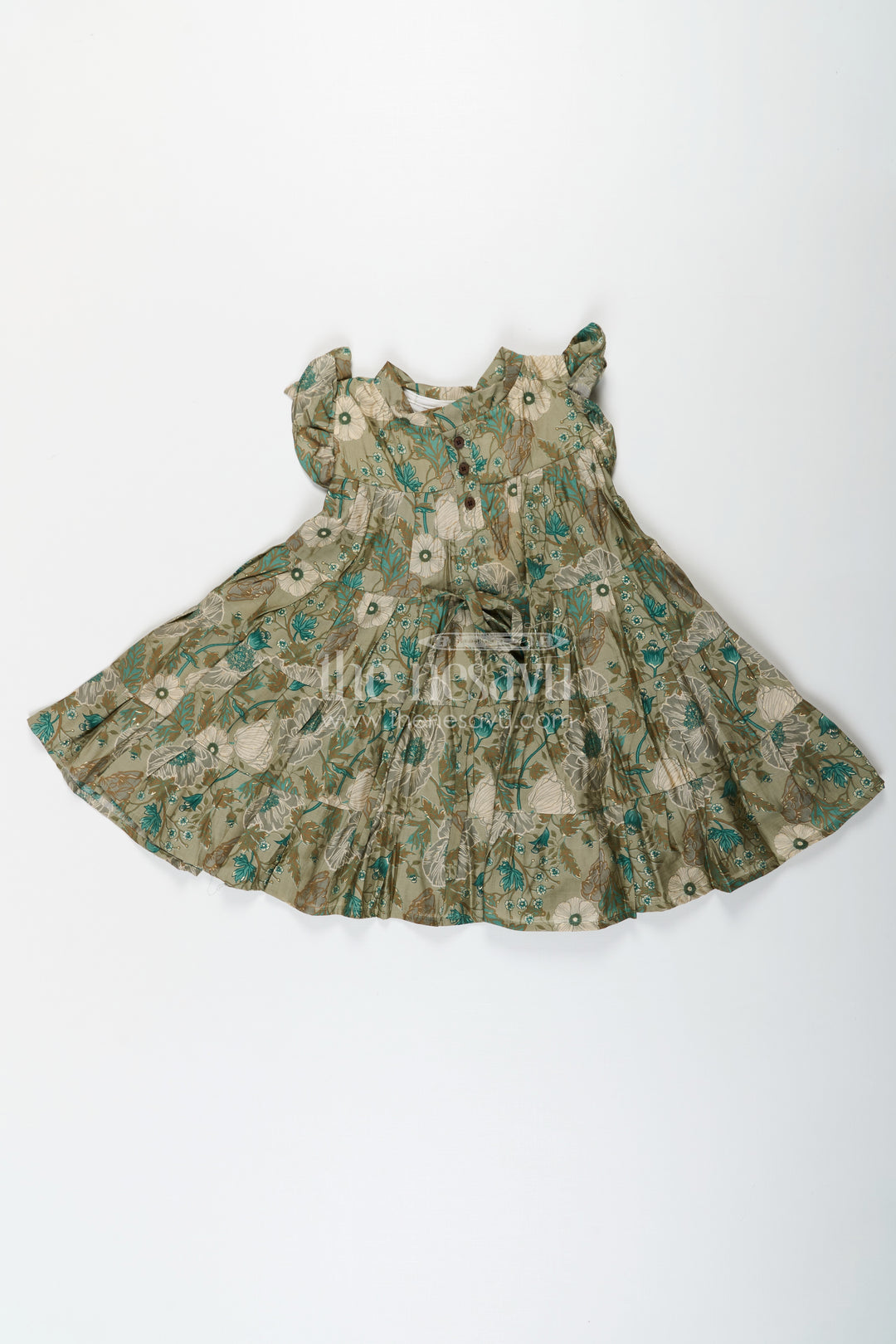 Flora Frock Dress in Modal Silk Modal Silk with Green Botanical Digital Print and Layered Ruffle Hem