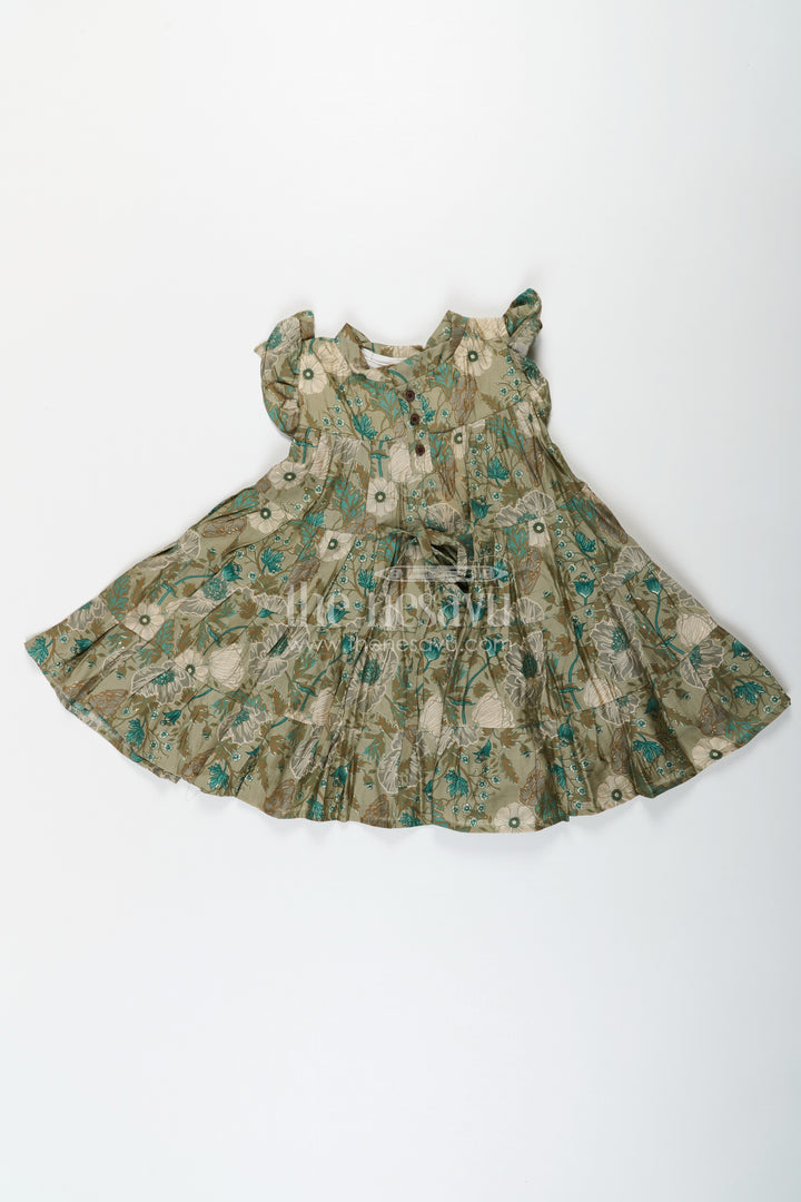 Flora Frock Dress in Modal Silk Modal Silk with Green Botanical Digital Print and Layered Ruffle Hem