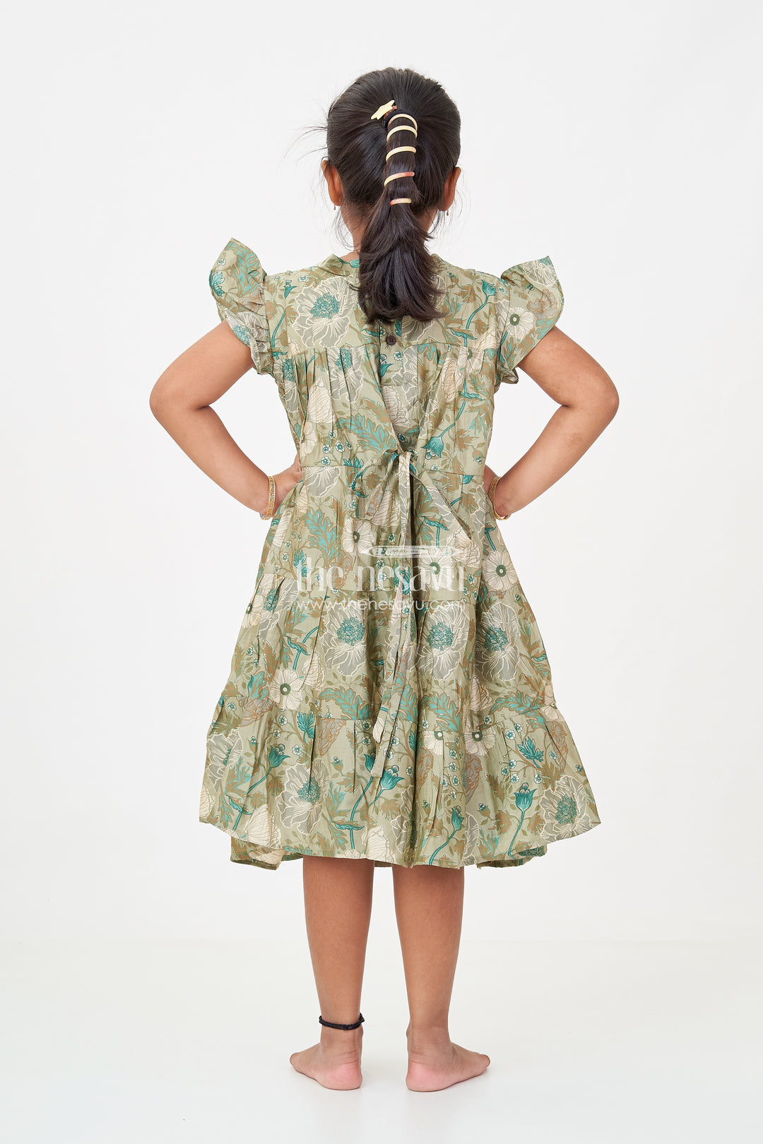 Flora Frock Dress in Modal Silk Modal Silk with Green Botanical Digital Print and Layered Ruffle Hem