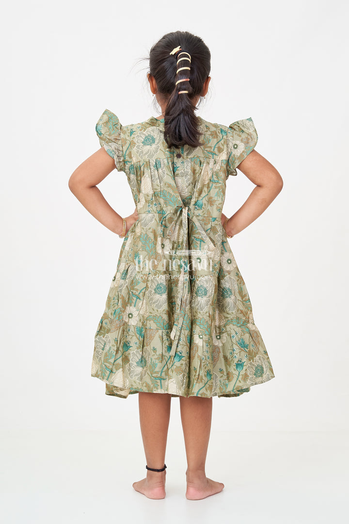 Flora Frock Dress in Modal Silk Modal Silk with Green Botanical Digital Print and Layered Ruffle Hem
