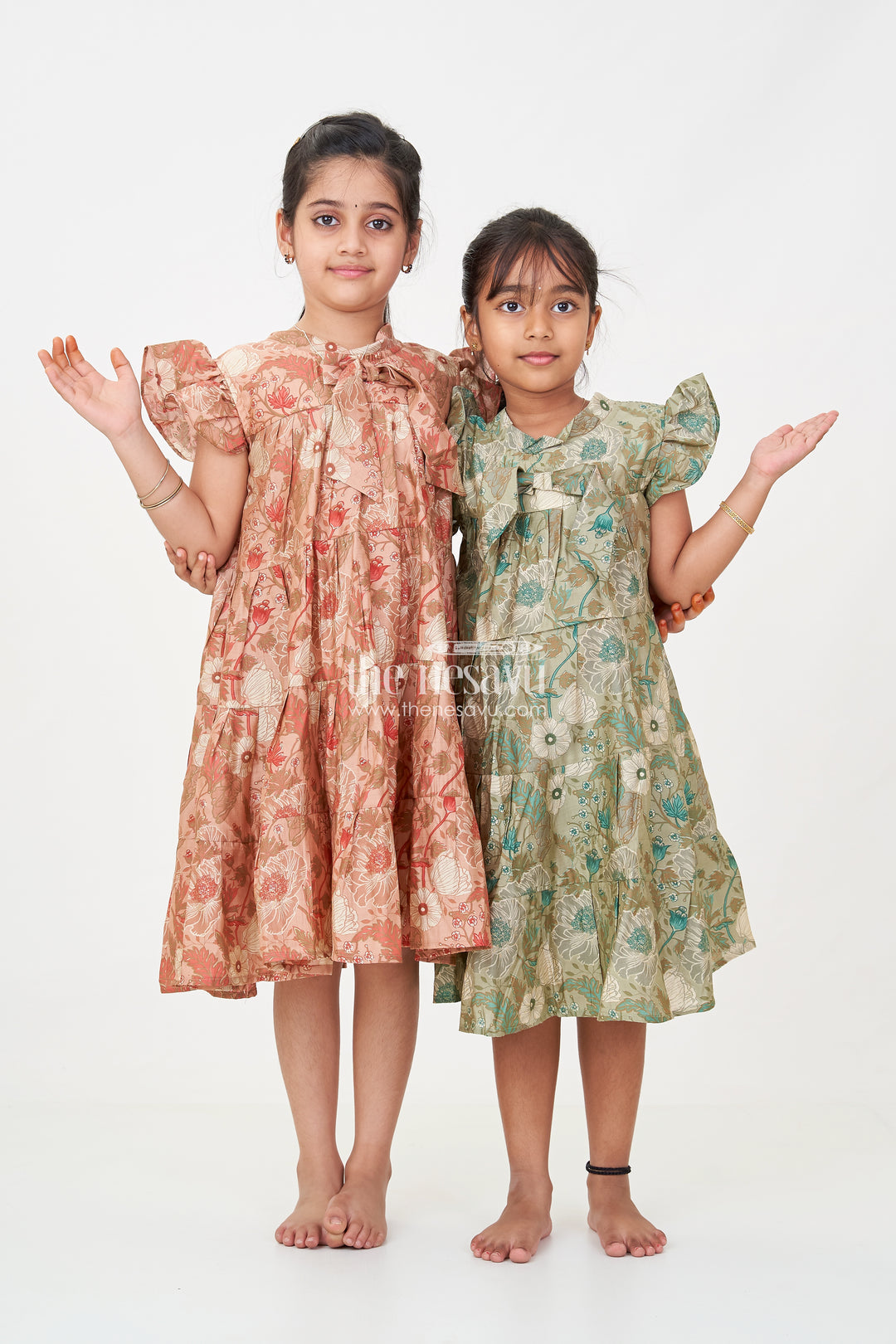 Modal Silk Frocks for Kids in Floral Printed Blend with Frill Sleeves and Soft Flared Layers
