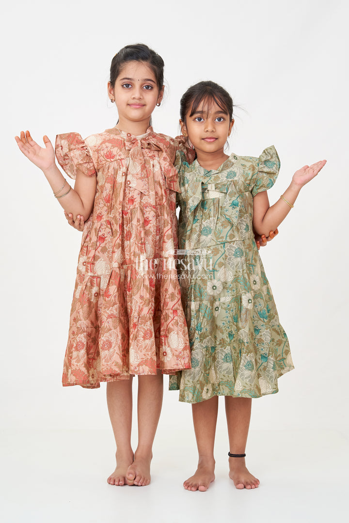 Modal Silk Frocks for Kids in Floral Printed Blend with Frill Sleeves and Soft Flared Layers