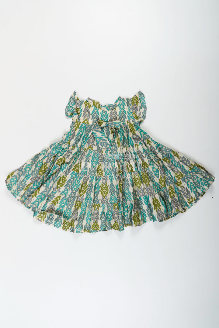 Green Colour Frock for Girls in Modal Silk with Multicolor Geometric Print and Front Bow Design