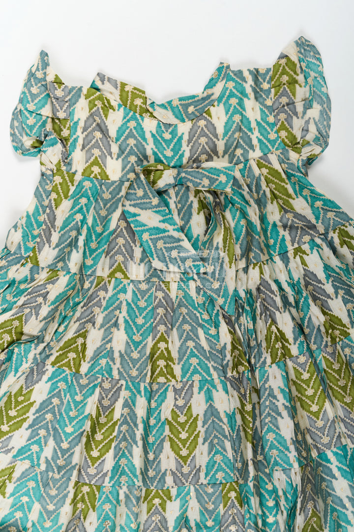Green Colour Frock for Girls in Modal Silk with Multicolor Geometric Print and Front Bow Design