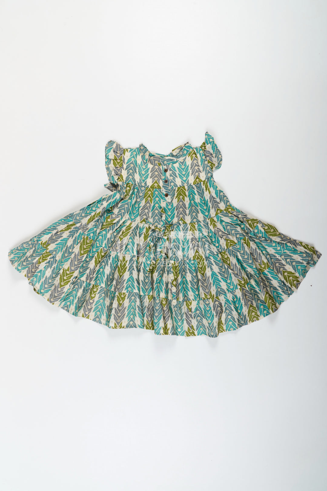 Green Colour Frock for Girls in Modal Silk with Multicolor Geometric Print and Front Bow Design