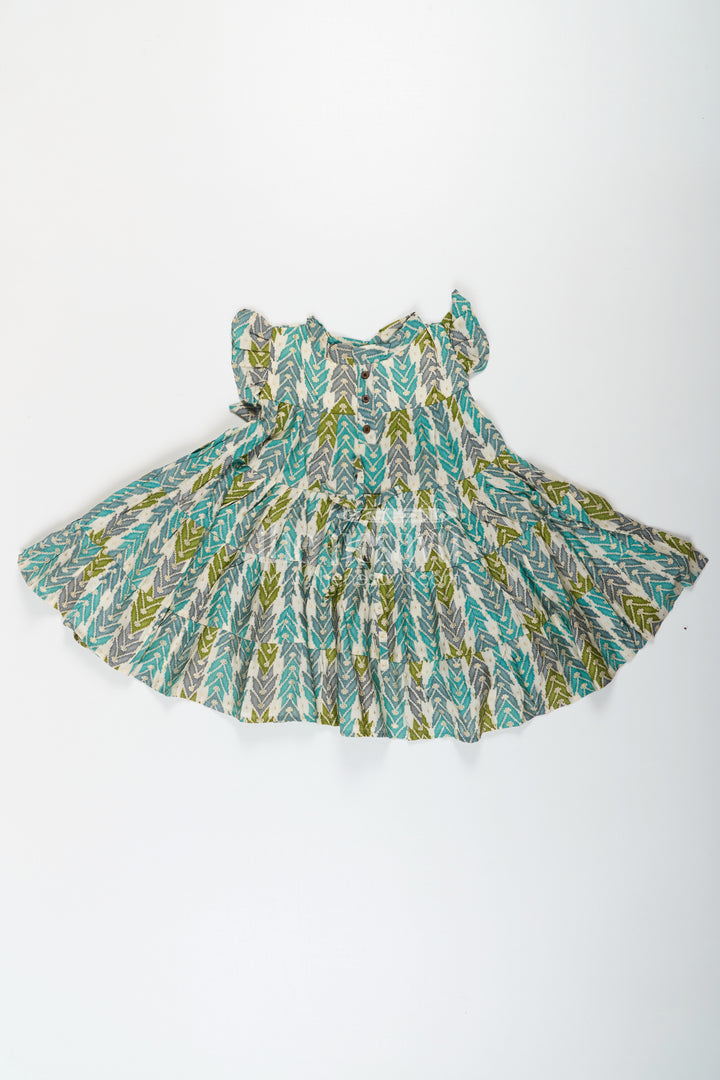 Green Colour Frock for Girls in Modal Silk with Multicolor Geometric Print and Front Bow Design
