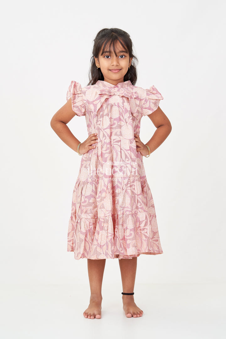 Pattern Frock for Girls in Modal Silk with Kantha Style Digital Print and Front Bow Detail