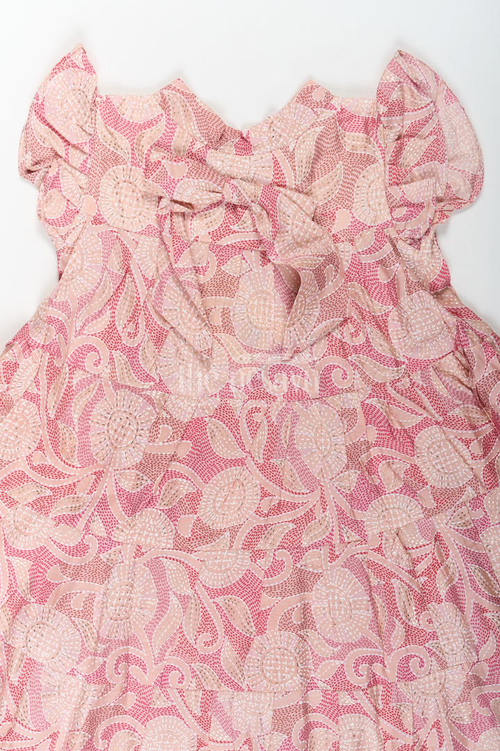 Pattern Frock for Girls in Modal Silk with Kantha Style Digital Print and Front Bow Detail