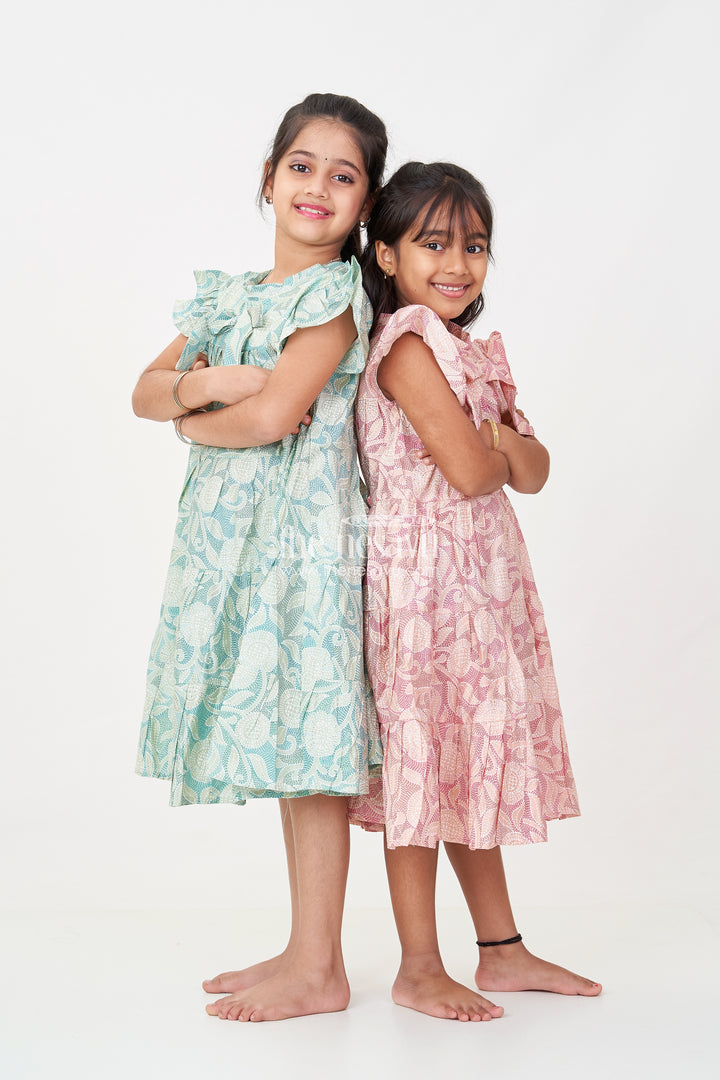 Pattern Frock for Girls in Modal Silk with Kantha Style Digital Print and Front Bow Detail