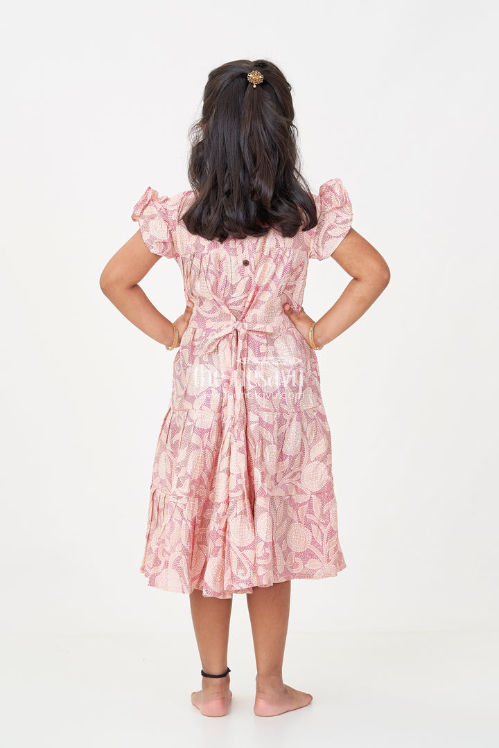 Pattern Frock for Girls in Modal Silk with Kantha Style Digital Print and Front Bow Detail