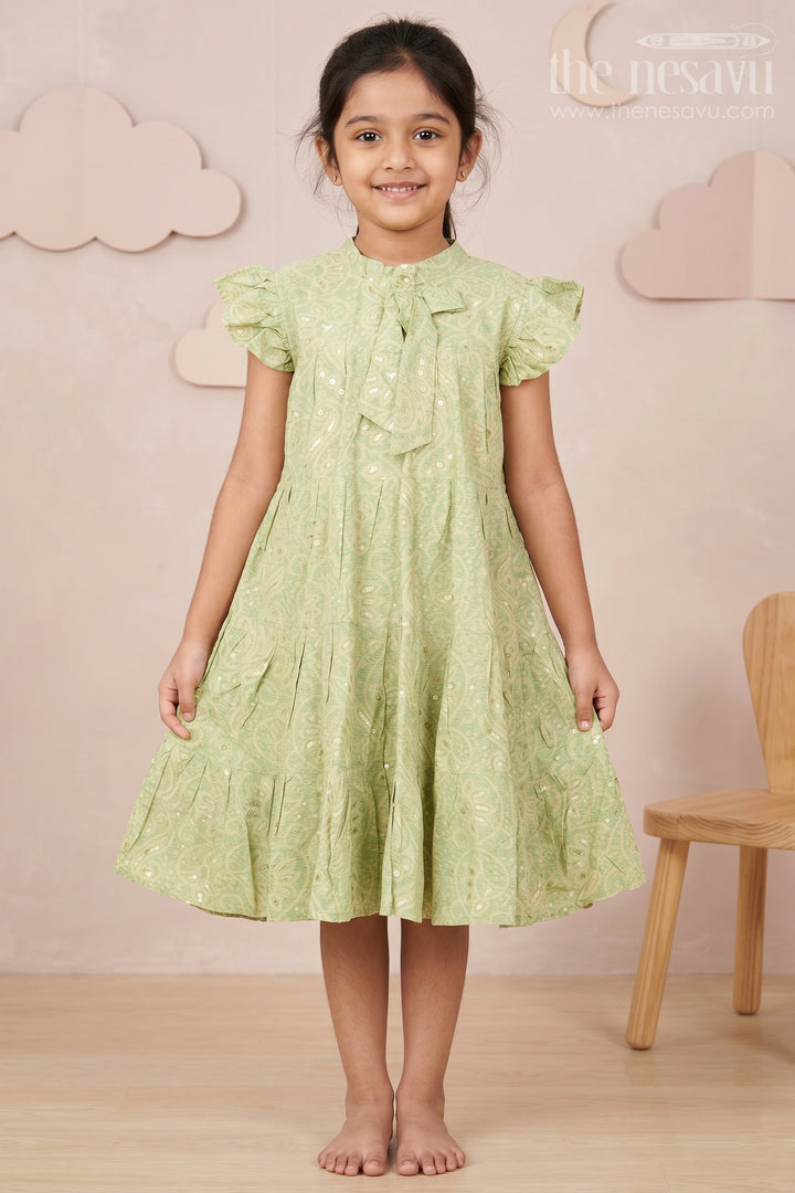Summer Frock for Baby Girl in Rayon with Green Bandhani Print and Gold Foil Accents