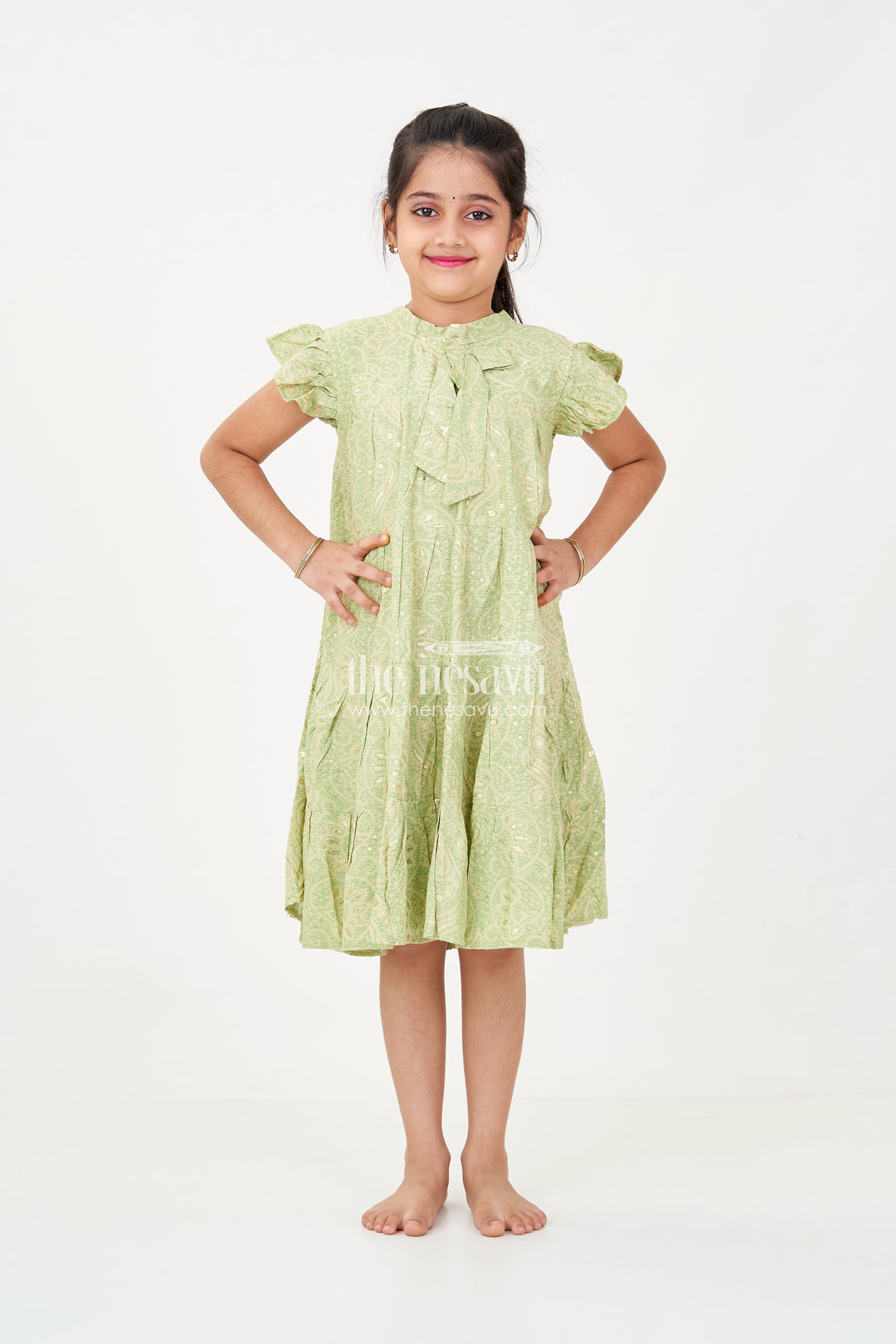 Summer Frock for Baby Girl in Rayon with Green Bandhani Print and Gold Foil Accents