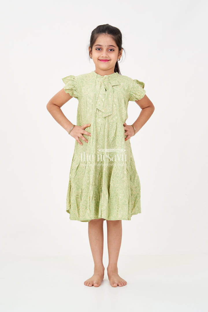 Summer Frock for Baby Girl in Rayon with Green Bandhani Print and Gold Foil Accents