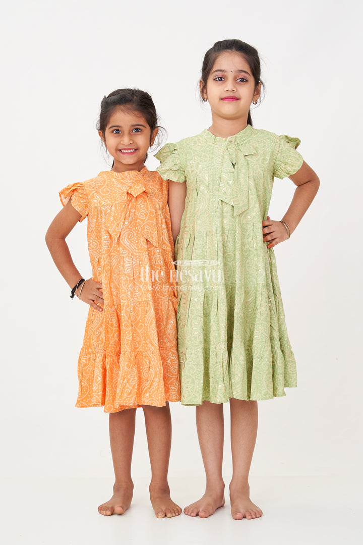 Summer Frock for Baby Girl in Rayon with Green Bandhani Print and Gold Foil Accents