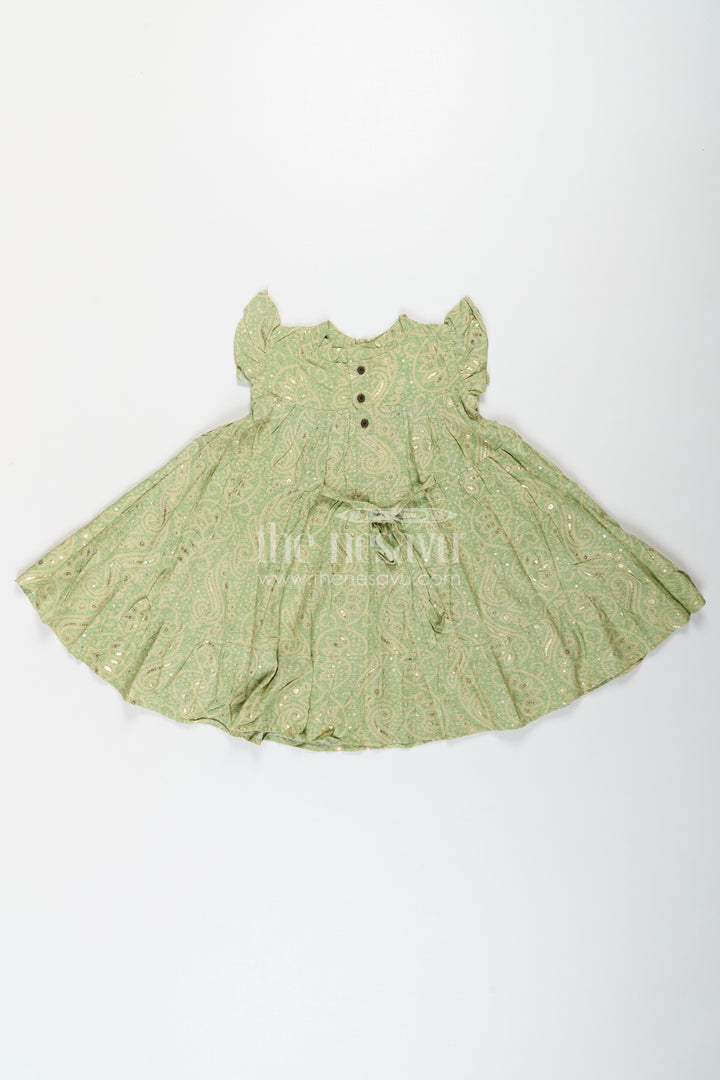 Summer Frock for Baby Girl in Rayon with Green Bandhani Print and Gold Foil Accents