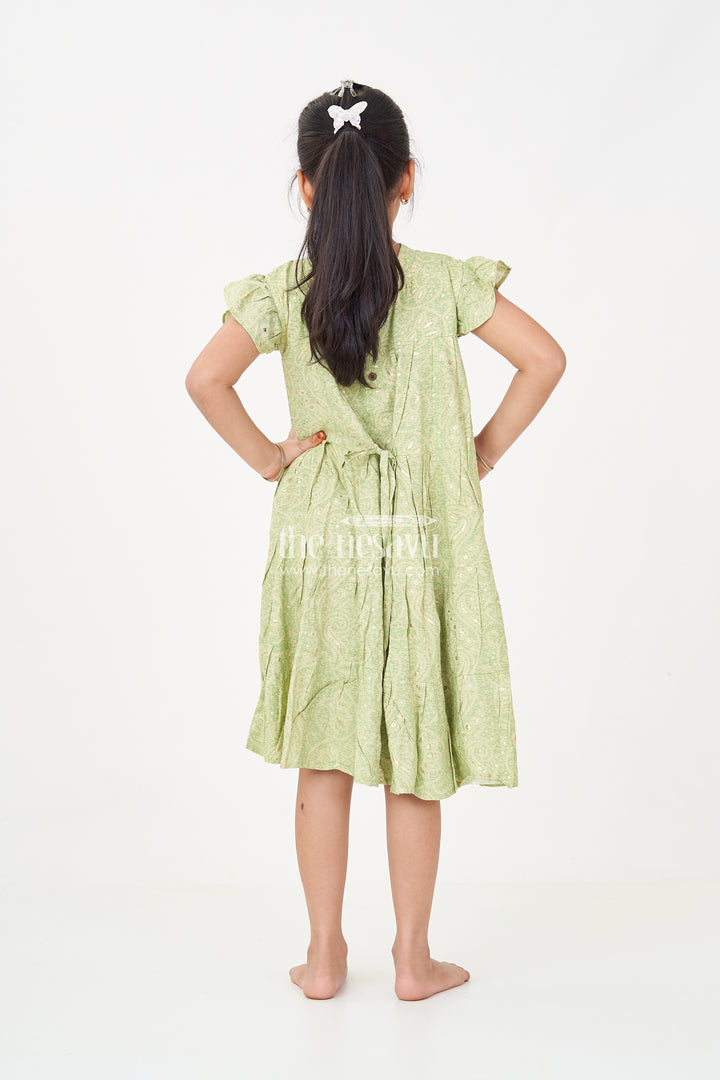 Summer Frock for Baby Girl in Rayon with Green Bandhani Print and Gold Foil Accents