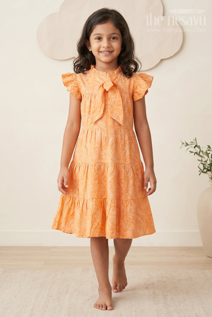 Nesavu Casual Cotton Frocks for Girls in Rayon with Orange Bandhani Print and Gold Foil Details