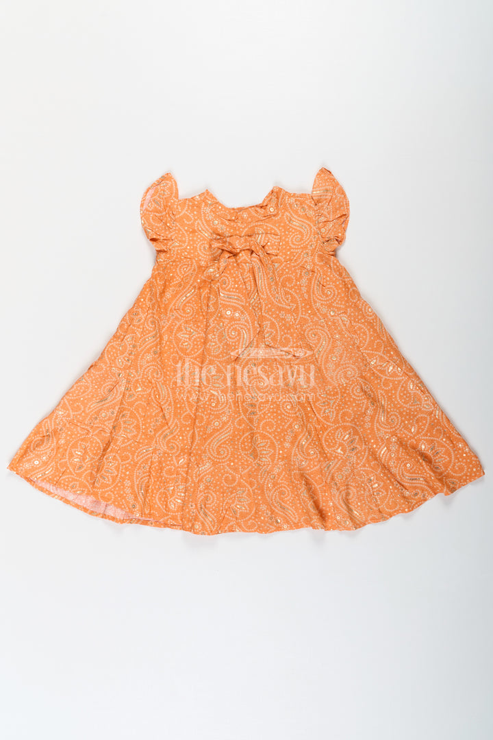 Nesavu Casual Cotton Frocks for Girls in Rayon with Orange Bandhani Print and Gold Foil Details
