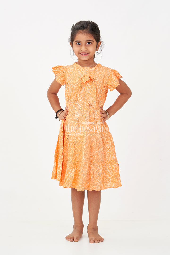 Nesavu Casual Cotton Frocks for Girls in Rayon with Orange Bandhani Print and Gold Foil Details