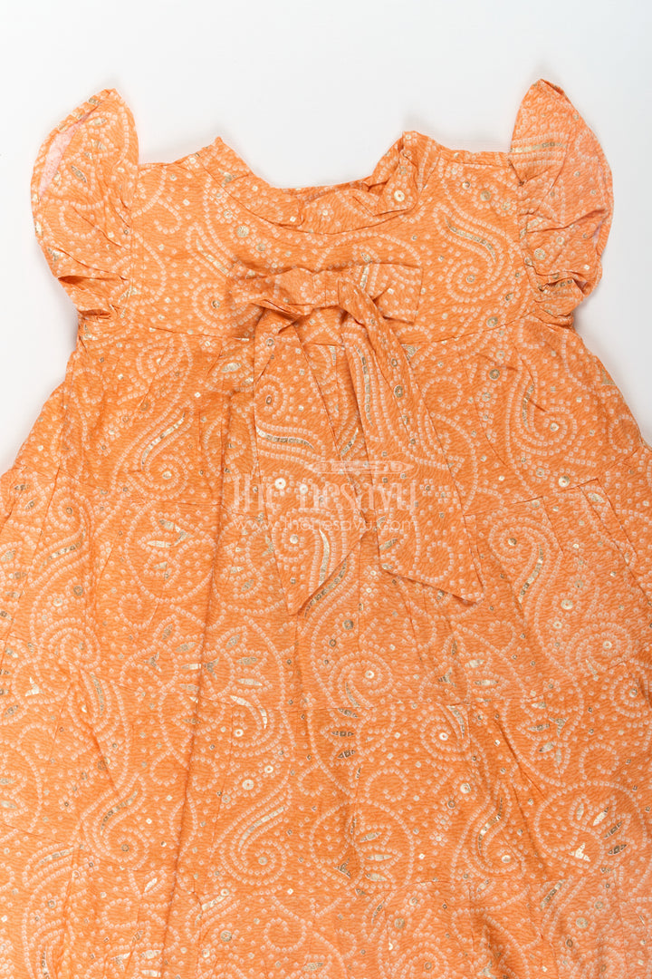 Nesavu Casual Cotton Frocks for Girls in Rayon with Orange Bandhani Print and Gold Foil Details