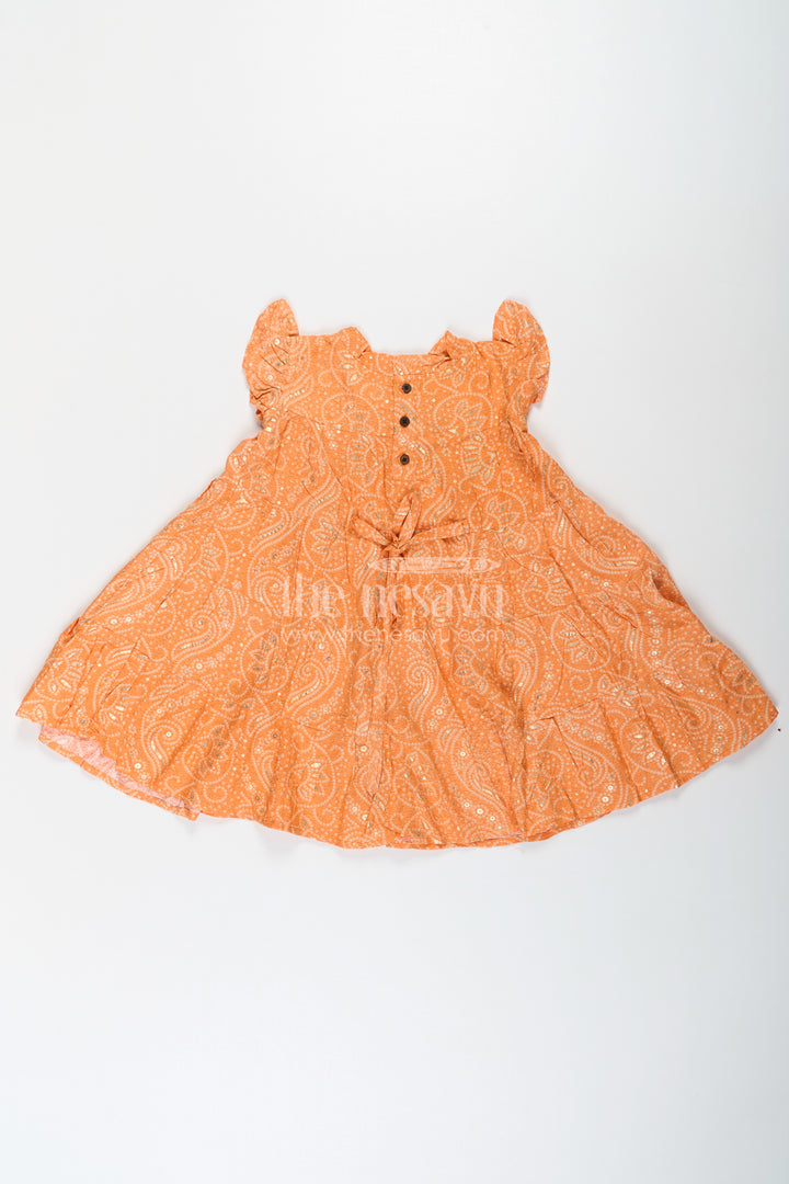 Nesavu Casual Cotton Frocks for Girls in Rayon with Orange Bandhani Print and Gold Foil Details