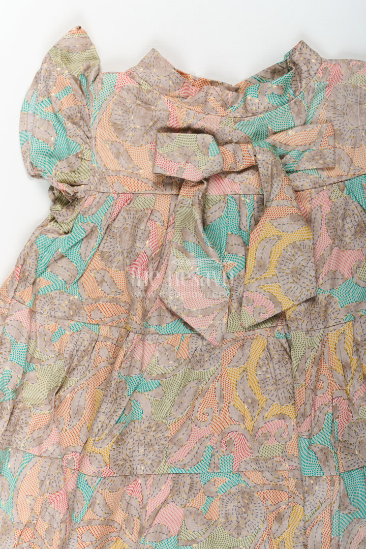 Casual Wear Frocks for Girls in Cotton with Kantha Stitch Styled Print and Tiered Design