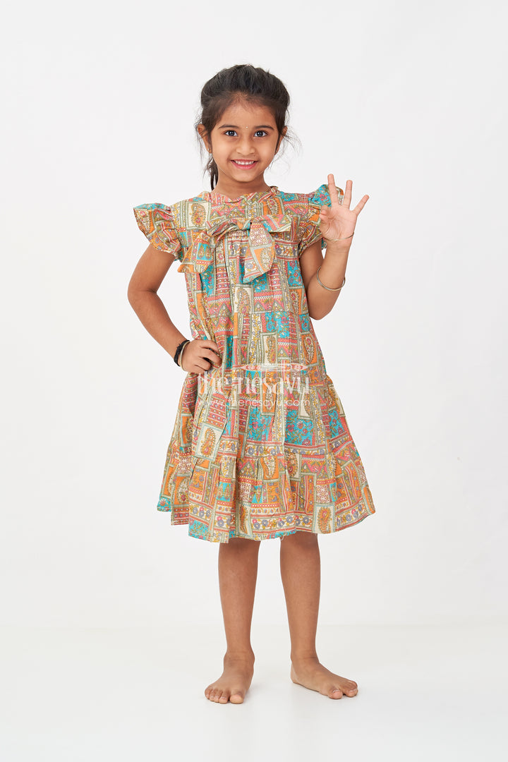 Frock Dresses for Girls in Pure Cotton with Multicolor Ethnic Digital Print and Ruffle Details