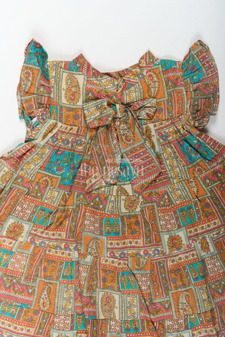Frock Dresses for Girls in Pure Cotton with Multicolor Ethnic Digital Print and Ruffle Details