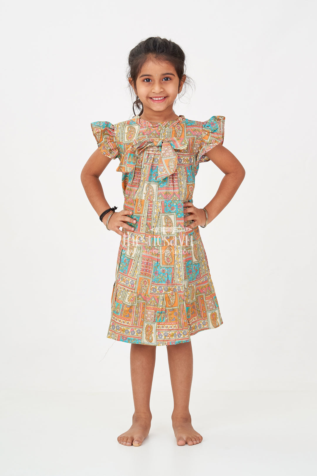 Frock Dresses for Girls in Pure Cotton with Multicolor Ethnic Digital Print and Ruffle Details